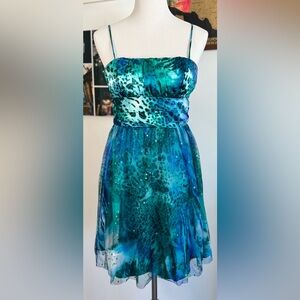 VTG Y2K Jump Apparel by Wendye Chaitin Blue Green Animal Print Sequin Dress 3/4